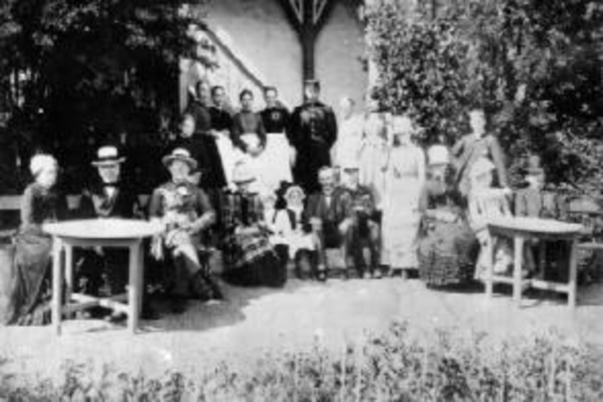 Stor gruppe oppstillt i hagen nedenfor verandaen på Grefsheim, Nes, Hedmark. Første rad fra venstre er Hanna Egeberg, Johan Egeberg, Egeberg, Westye, Sophie Mellby født Munch, Johanne Elisabeth gift med Nils Roede, Julie gift Nissen, Ove Mellbye, Andreas Pihl Mellbye, Sophie Bjurstedt, frøken Keilhau født Ottesen, bak Egeberg er Karen Westye Pedersen.