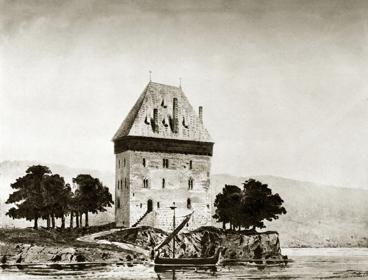 Tegning av Mjøskastellet på Steinsholmen i Ringsaker. Rekonstruksjon av Peter Andreas Blix (1831-1901). Undersøkt og dokumentert i 1897.