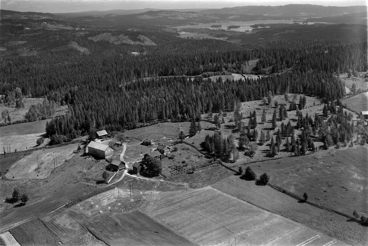 Flyfoto av Thorstad gard, Brøttum, Ringsaker. Næra i bakgrunnen.