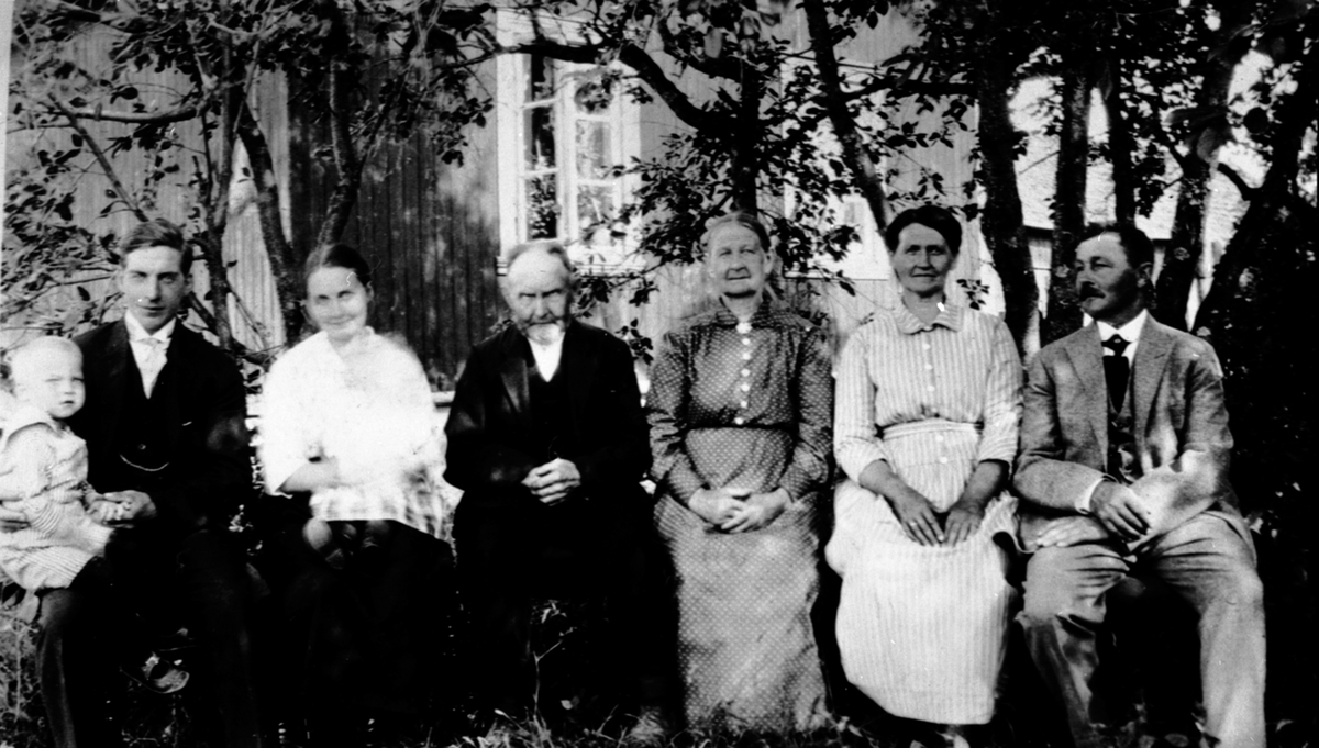4 generasjon i Solheim, Helgøya. Fra venstre er Magne Mathisen, Halvard og Marta, Martinius Solheim (1858-1935), Oline Solheim f.1856, Marie (1877-1957) og Adolf Solheim (1877-1952). Helgøya.