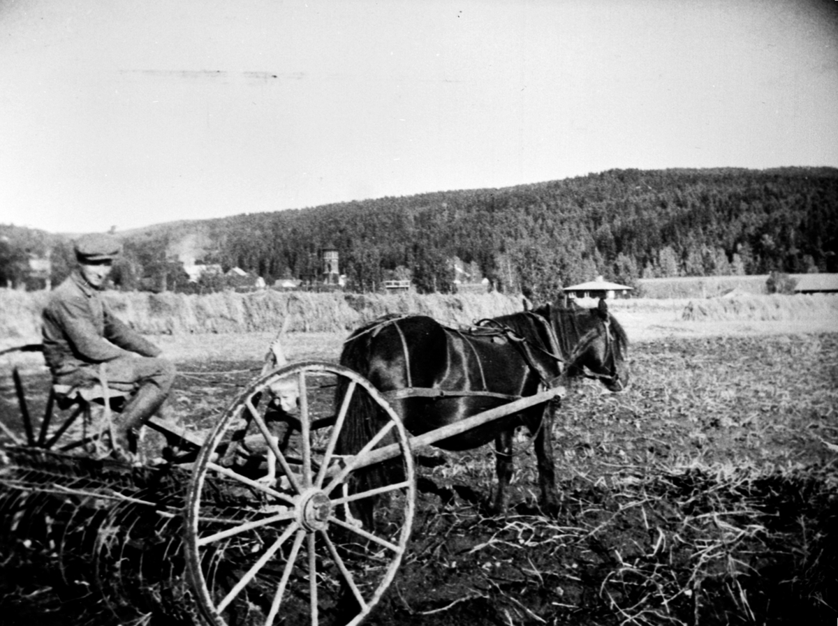 Gardskar med hest og sleperive på Mo gård, Moelv, Ringsaker.