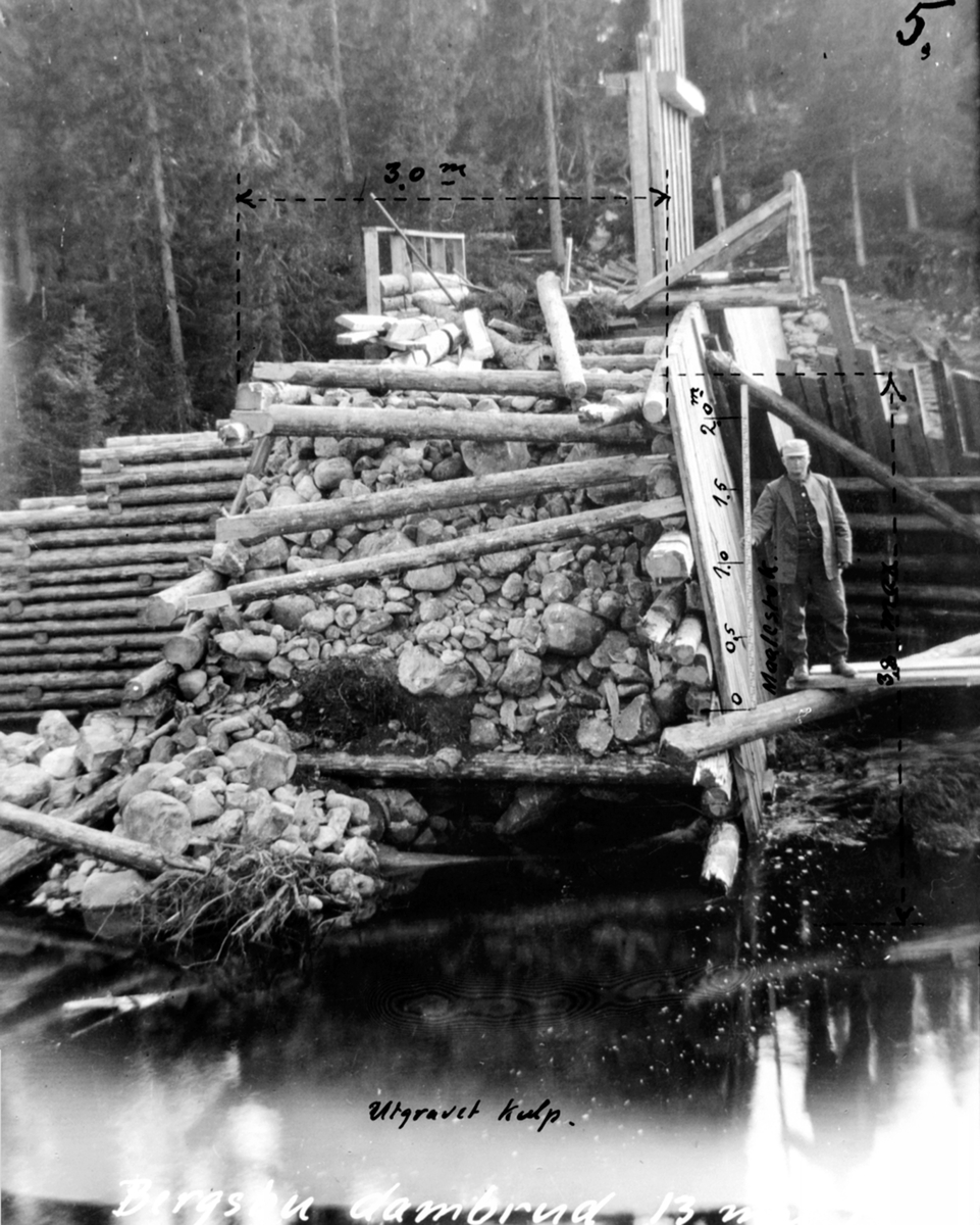 Bergsbu dambrudd. Utgraving ved gjennombrudd. Ringsaker almenning. Utgravet kulp. Mann med målestav.