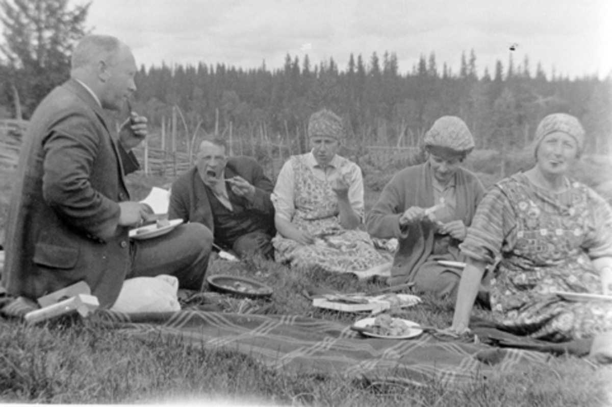 Matrast på fjelltur, Bjønnåsen, Ringsakerfjellet. Fra venstre er Ola Tingelstad, Johansen på brenneriet, fru Johansen, Kari Tingelstad, Kristine Langmyhr.