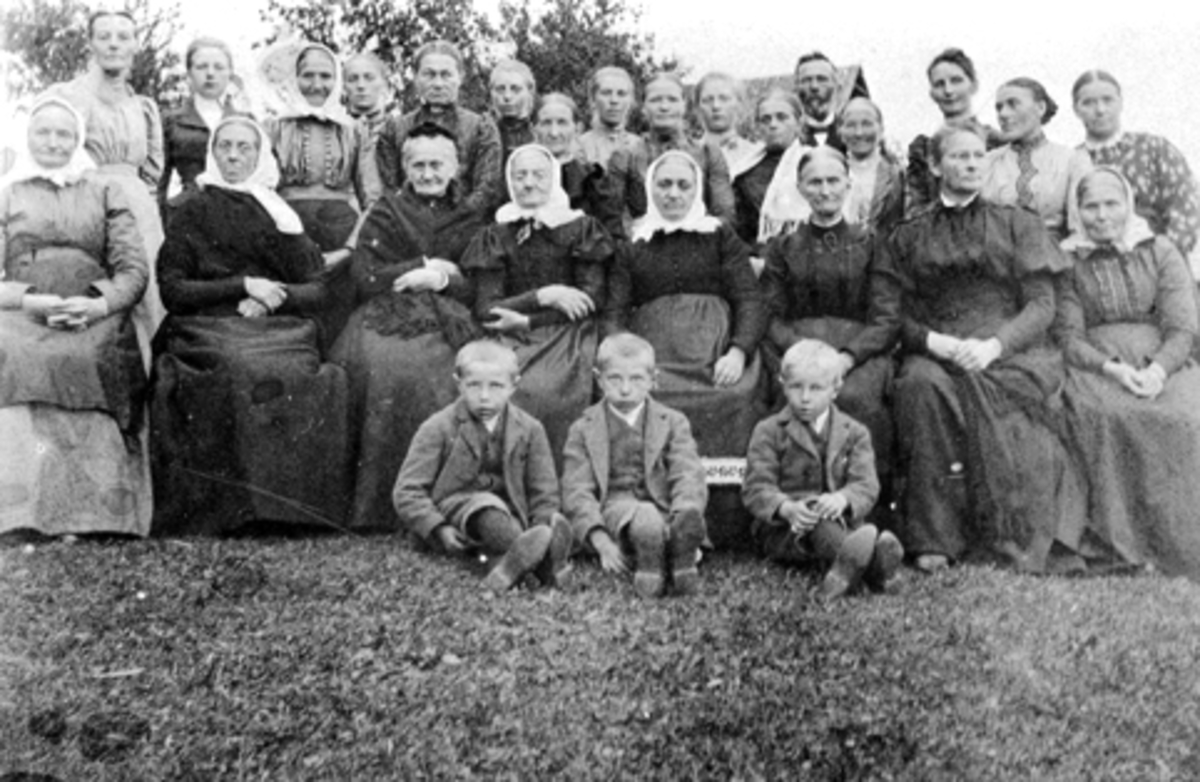 Nes kvinneforening eller Kirkekretsen kvinneforening fotografert på Sølvsberg, Nes, Hedmark i 1900. De daværende føderådskoner på garden, Pauline (1820-1904) og Kristiane (1833-1910) sitter i midten med hvite skaut. Ellers ukjente kvinner og barn.