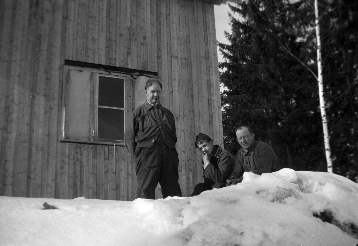 Ny sveiserbolig under bygging på Søndre Tomter (Ner -Tomter) vinteren 1949/50. Fra venstre: Snekkeren Alfred Sveum, sønnen Mikkel Sveum og Leif Tomter. 

