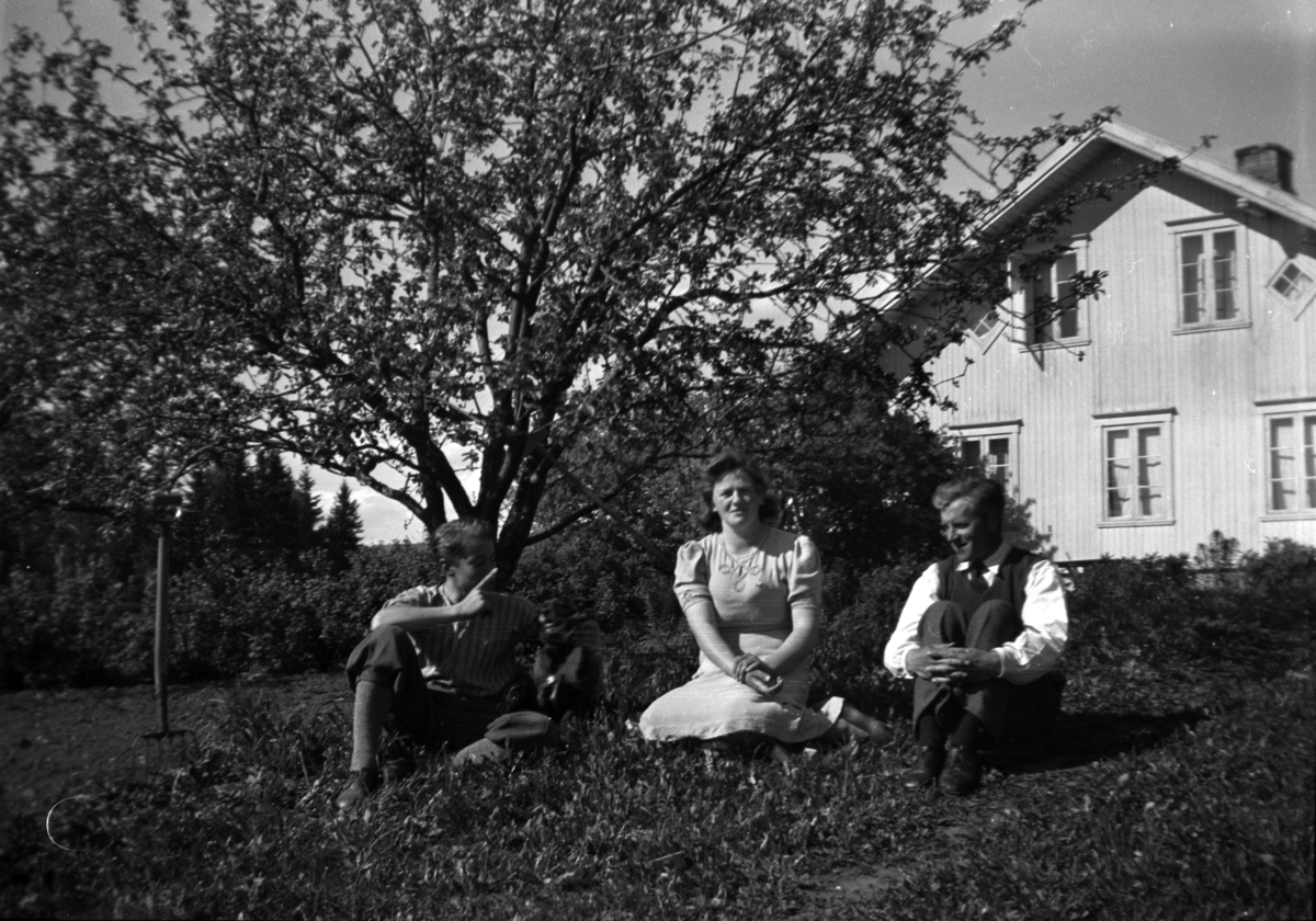 I hagen på Søndre Tomter (Ner-Tomter) ca 1950. Fra venstre: Harald Tomter, buhunden ”Lita”, Karen Tomter og Gudmund Tomter. 