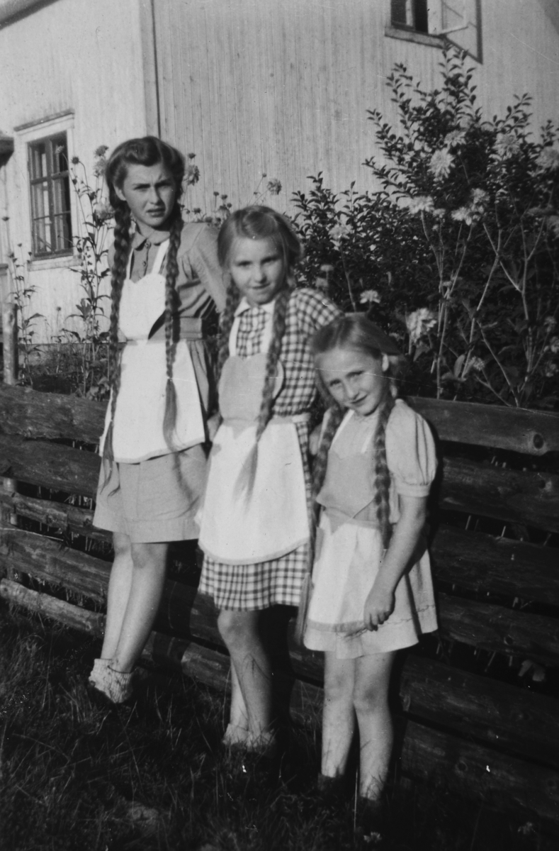 Aslaug, Ragnhild og Karen Jørgensen i Vesterhagen ca 1944. Forklærne er sydd av Lisbeth Johansen i Oslo som var på besøk i Vesterhagen. Hun var etterkommer etter Johan Vesterhagen som hadde bodde i det gamle Vesterhagen til sin død i 1919. Hårfrisyre, fletter. 