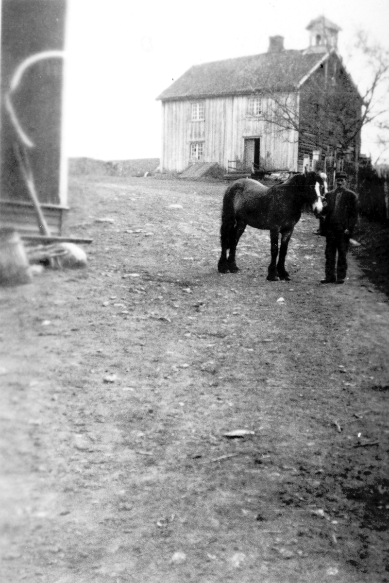 Gammelbygningen på Vestre Blystad i 1940-åra. Matklokketårnet som sto på denne bygningen er nå satt opp på den nye driftsbygningen som sto ferdig i 2012 ? Den gamle bygningen ble revet i 1955. Ukjent mann, hest. 