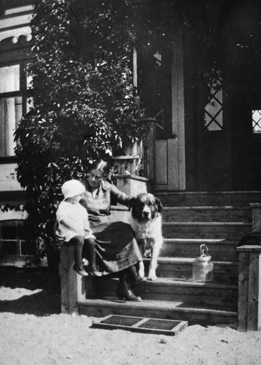 Dame sammen med sin nevø Jan Ødegard, og hunden Buster utenfor Fredhjem gård Stange. 1919. 