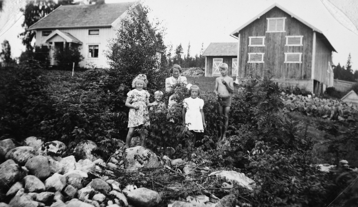 Torshov i Vallset ca. 1952. Gardsbruk. Den gamle låven i bakgrunnen. Fra venstre Marit Rosenlund, Jarle Nordseth, Gunvor Nordseth, Else Nordseth og Helge Nordseth. 
