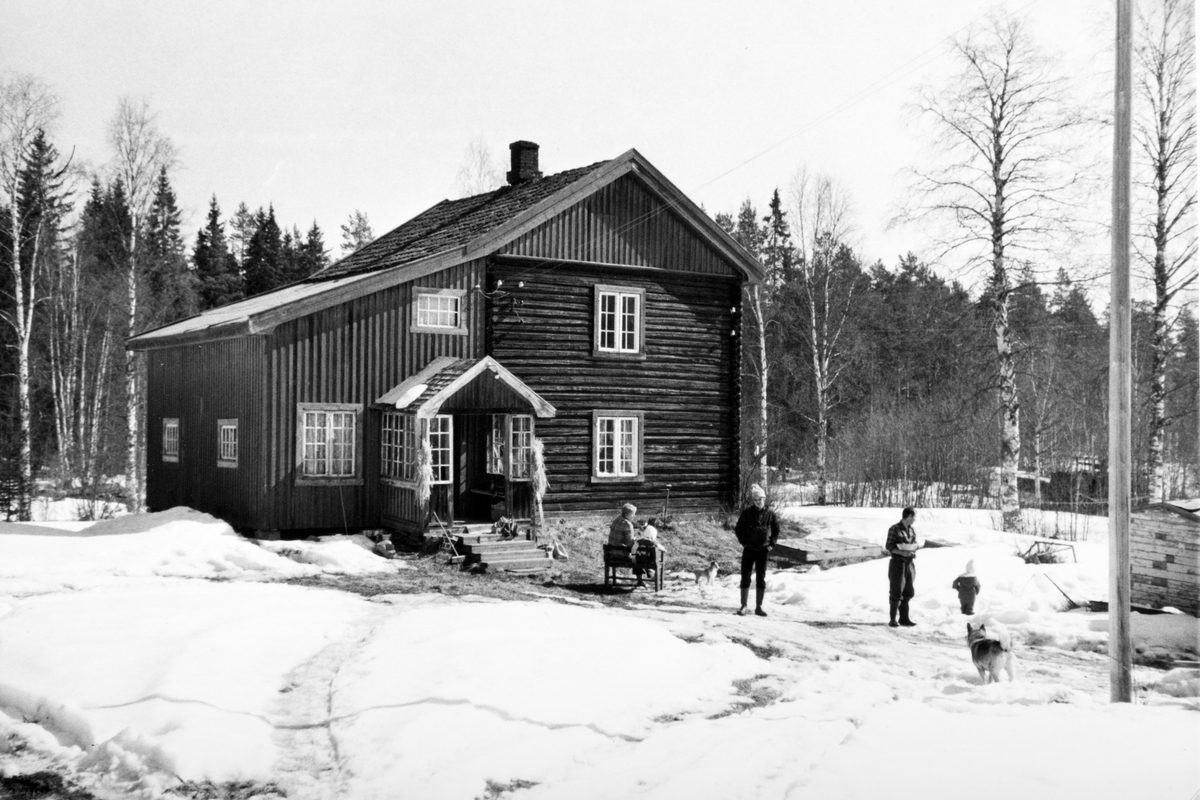 Damstua i Romedal Almenning, påsken1979. Den vesle plassen Damstua ved Svartelva etter utløpet fra Gjetholmsjøen. Bruket ligger såvidt på Romedals-sida. 
Personene er f. v. Solveig og Helen Rønningsbakken, Helge Rønningsbakken, Paul Denais og Kristen Rønningsbakken.. Damstua er også Andrew Furuseths fødested, men det var ei mindre stue som sto litt til venstre for denne og som var flyttet ifra Klevfoss en gang, oppsatt her som damvokterbolig.  Løten. Ådalsbruk.