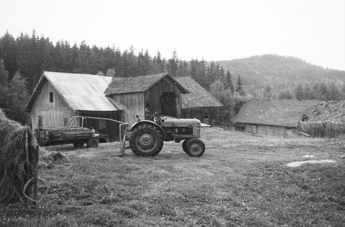 Sæter østre i Vallset, sommeren 1980. Traktor med høysvans foran låven som ble revet i 1989. 