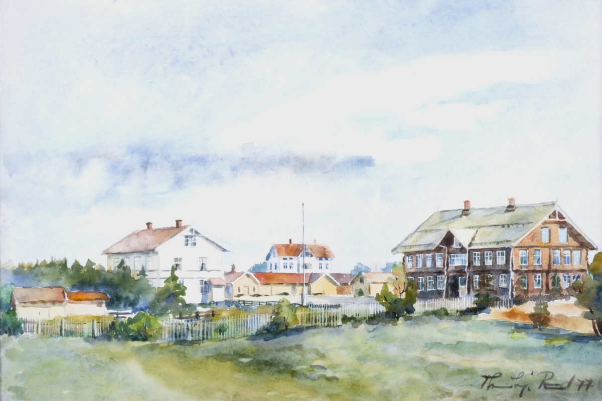 Stange skole. Akvarell Torbjørn Ruud 1977. Malt etter foto tatt ca 1920. 
F. v på bildet sees eiendommen Birkeli. Huset lå ved innkjøringen til skoleplassen. Huset ble revet omkring 1950. Videre mot høyre er lærerboligen med uthus, Franggården og Stange småskole. På jordet i forgrunnen bygget forretningsfører Koloen sin bolig Fredly. 