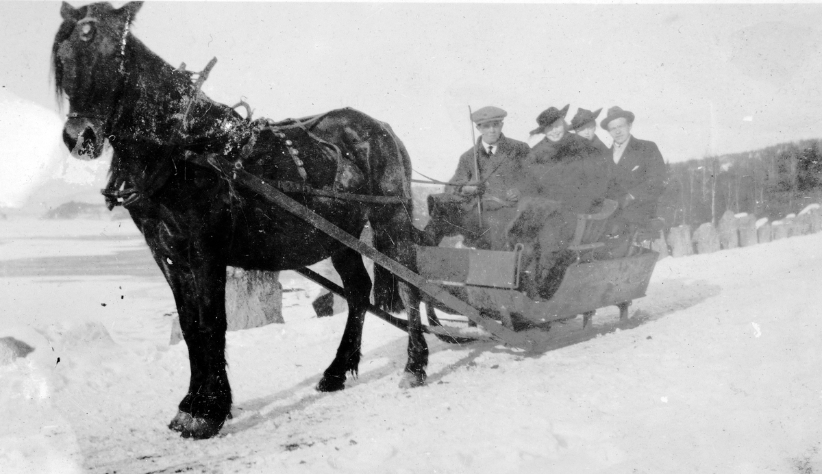 Torødegården, Tangen. Hest og slede, hestekjøretøy. Tangen 1920-tallet. Kjørekar er Gunnar Lundby. 