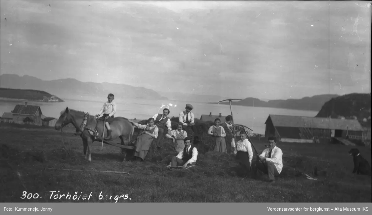 Gruppebilde fra høyslått med hest. Altafjord i bakgrunn. 1920