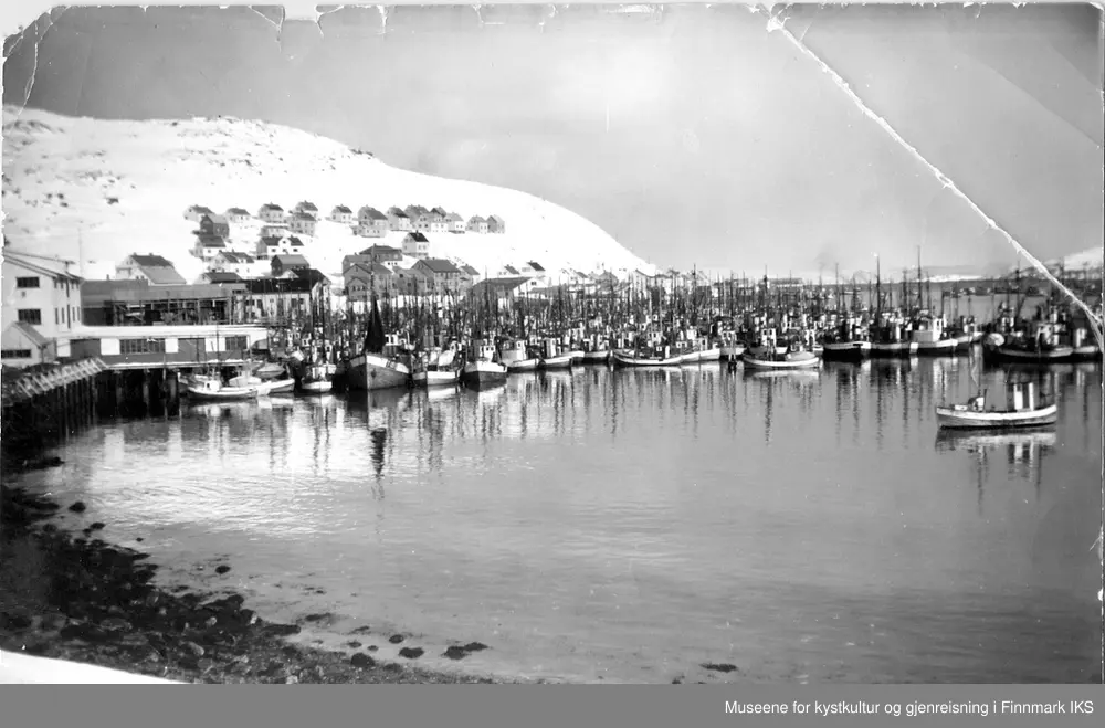 Havøysund på 1950-tallet. Fiskebåter i hamn.
