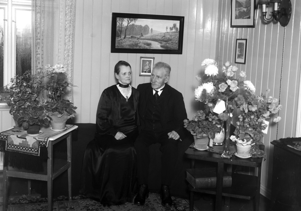 Ektepar i stueinteriør med blomster. Bryllupsdag? MATHISEN STENHUGGER, GR: 2, ELDRE EKTEPAR. Anders Mathisen født i Furnes 30/10-1859, Marie Mathisen (født Smaaberg) født på Nes H. 28/12-1879. 
40199