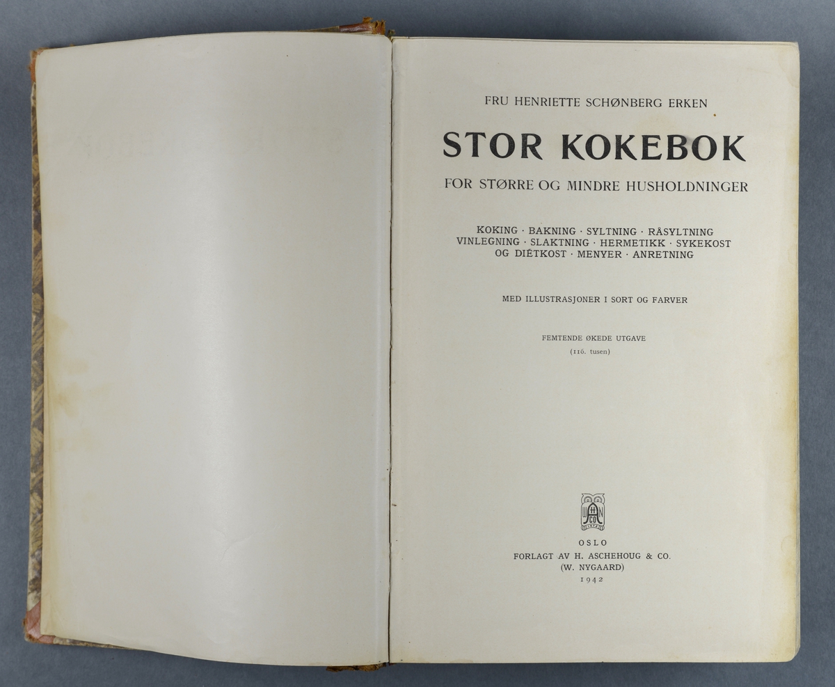 Boken er et halvbind med skinn i rygg og hjørner.
Trykt tekst og dekor på ryggen.
Innholdet er matoppskrifter.
Marmorert snitt.