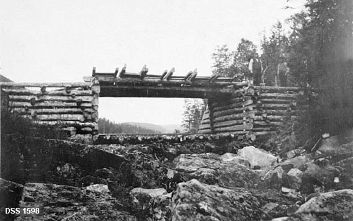 Dammen ved Svartlonan i Furudal statsskog.  Dammen [demningen] er fotografert på et tidspunkt uten vassføring.  Den har laftete sidekar, antakelig med steinfylling.  Den later også til å være foret med skråttstilt virke på damsida.  Damåpningen har "golving" av grannt rundtømmer.  Dammen kan stenges ved hjelp av seks luker.  Disse ligger på dambrua.  To menn står på høyre side av konstruksjonen.  I forgrunnen et steinete, vannløst elveleie. 