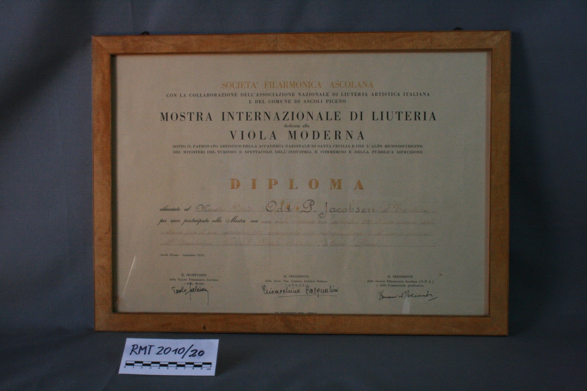 Diplom fra utstilling i Ascoli, Piceno i 1959.