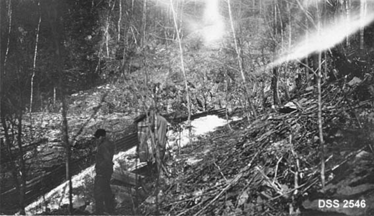 Tømmerrenne av tre i Treschow-Fritzøes skoger i Solbergvassdraget i Hedrum.  Fotografiet viser renna der den går med skummende vann nedover en skråning.  Mellom trærne i forgrunnen skimtes en mann ved en telefonpost.  Ettersom lauvtrærne er bladlause, er fotografiet antakelig tatt tidlig på våren (1921). 