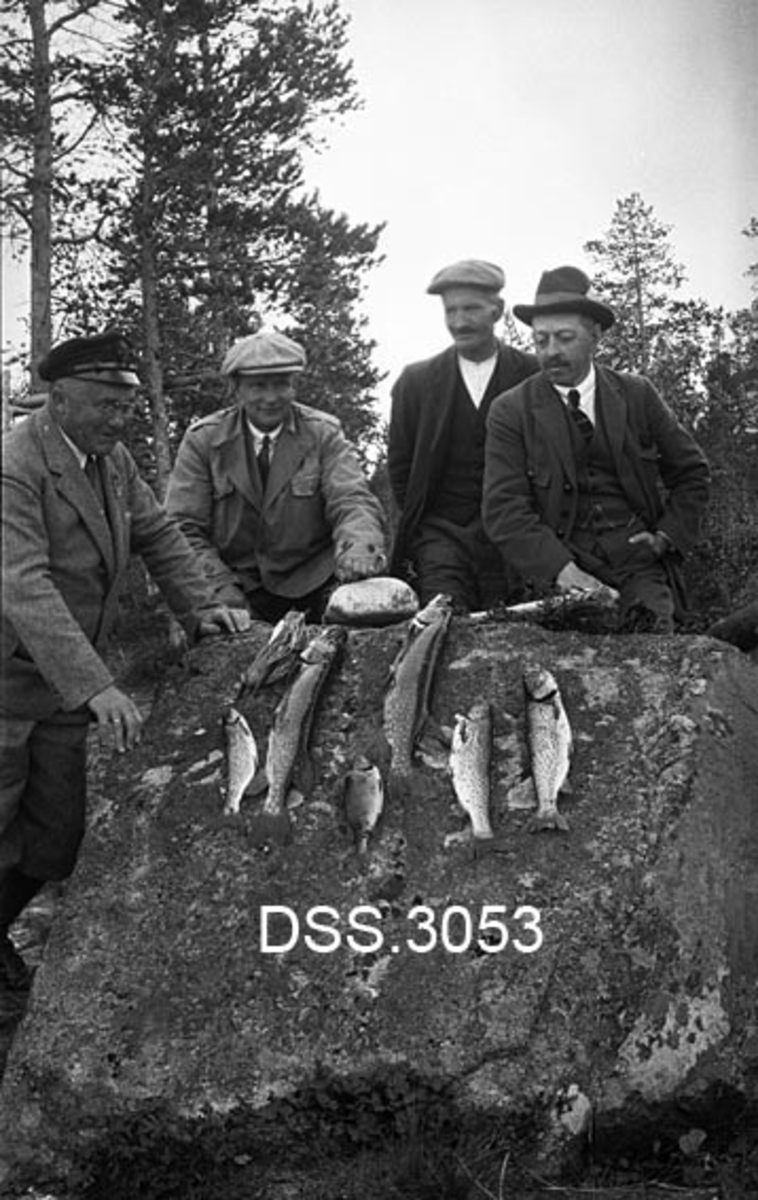 Gruppebilde av skogfunksjonærer på fisketur i Isterentraktene i Engerdal i Hedmark.  Fra venstre: Disponent Albert Konrad Heidenreich, skogforvalter Hans Borge Berger, skogvokter Hågen Sørjoten og skogsjef Løwenhjelm.  Herrene poserer ved ei steinhelle med nyfanget fisk.  Furuskog i bakgrunnen.