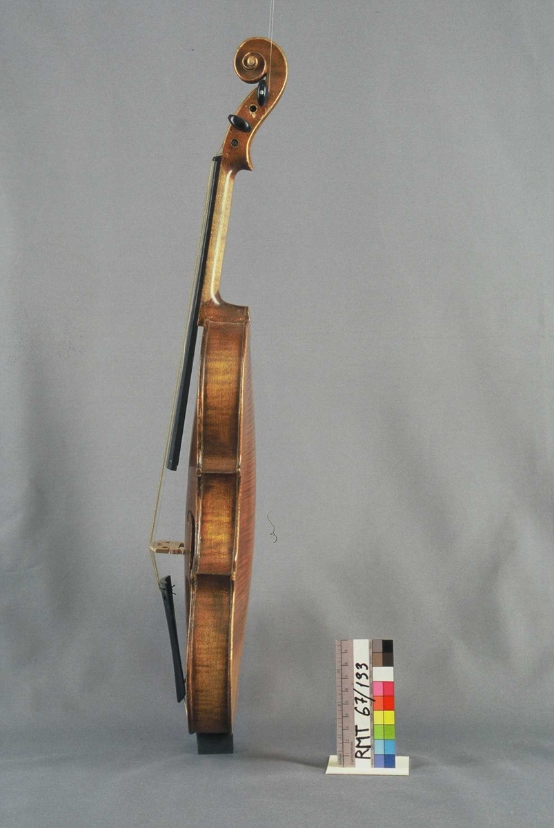 Strengeinstrument i mindre størrelse, 1/4 format(?). Lokk av gran, bunn og sarg ahorn. Lys lakkert. Gripebrett, strengeholder og endeknapp ibenholt. Sortmalte skruer. Mangler hjørneklosser.