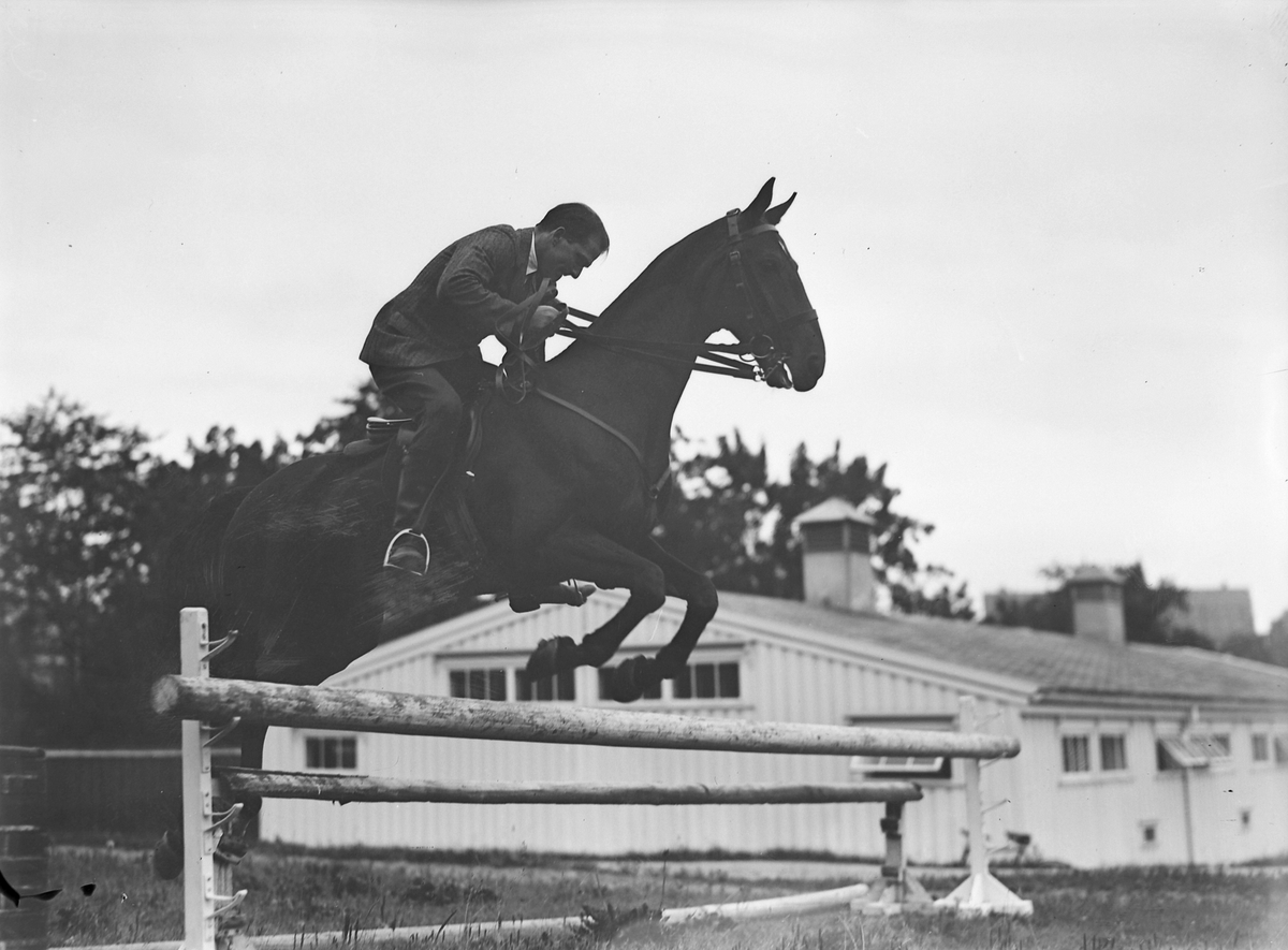 Dr. Arne Hvoslef med hest hopper over hinder