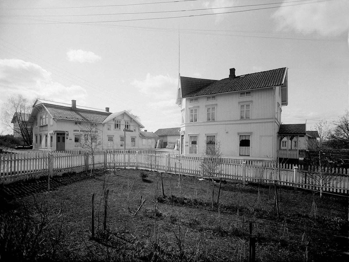 LØTEN KOOPERATIVE SELSKAP. EKSTERIØR AV BUTIKKEN I SENTRUM. LØITEN KOOPERATIVE SELSKAP CA 1930, SETT FRA HAGEN TIL BESTYRERBOLIGEN PÅ MEIERIET. SELSKAPETS FØRSTE FORRETNINGSGÅRD SAMHOLD BLE BYGGET AV DYRE LARSEN ETTER 1900, KJØPT AV KOOPERATIVEN I 1919, REVET 1978. PÅ MOTSATT SIDE VENNEBERG, KJØPT AV KOOPERATIVEN I 1919. 