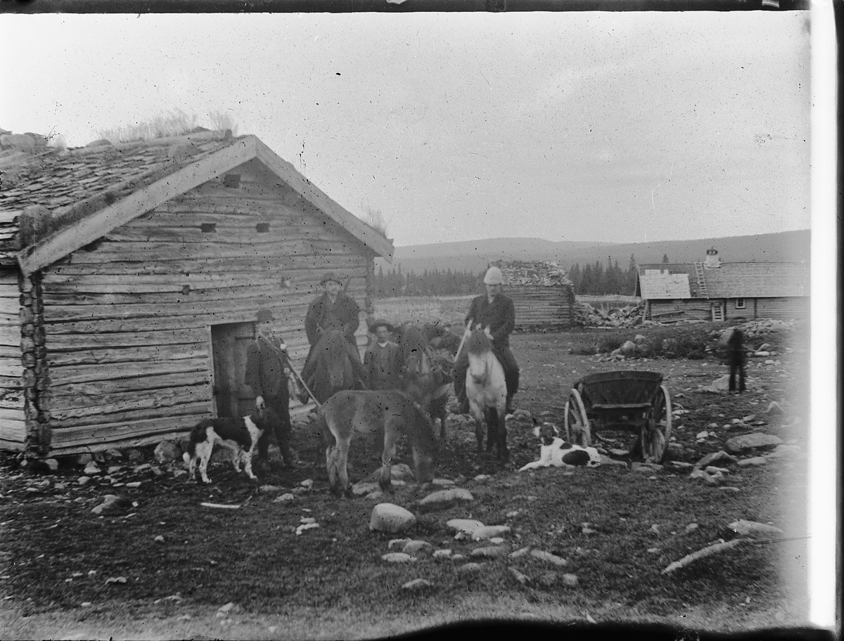 Ringsaker, Ringsakfjellet, Gammelskolla setergrend, Løken østre sitt størhus før tilbygg av svalgang, jaktlag til hest, hagler og hunder, fuglejakt i fjellet.