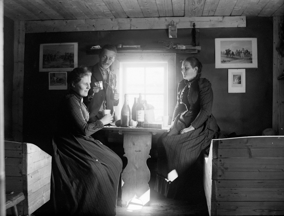 Ringsaker, Ringsakfjellet, Gammelskolla setergrend, Løken østre sitt størhus, interiør, fra venstre: Wilhelmine Løken (Mimi) Antonette Ring (Tulla) gift Hersoug, forfatter Severin Lieblein, senger, bord, flasker,glass.
