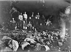 Gruppe menn med bøtter. Multesankere, bærrbutter, bærplukkin