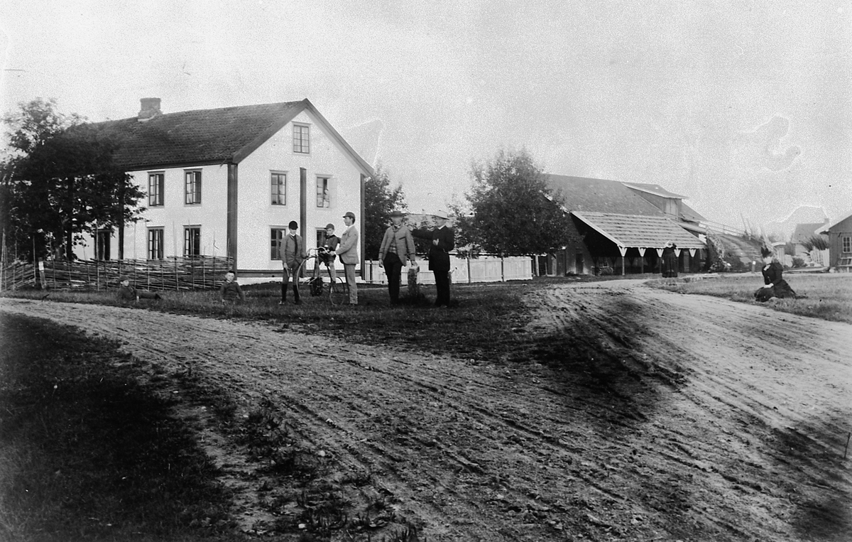 Ringsaker, Furnes, Stavsberg gård, gruppe ukjente personer utenfor hovedbygning. Gutt på velosiped sykkel, prestefamilien Erichsen bodde her om sommeren rundt 1890,