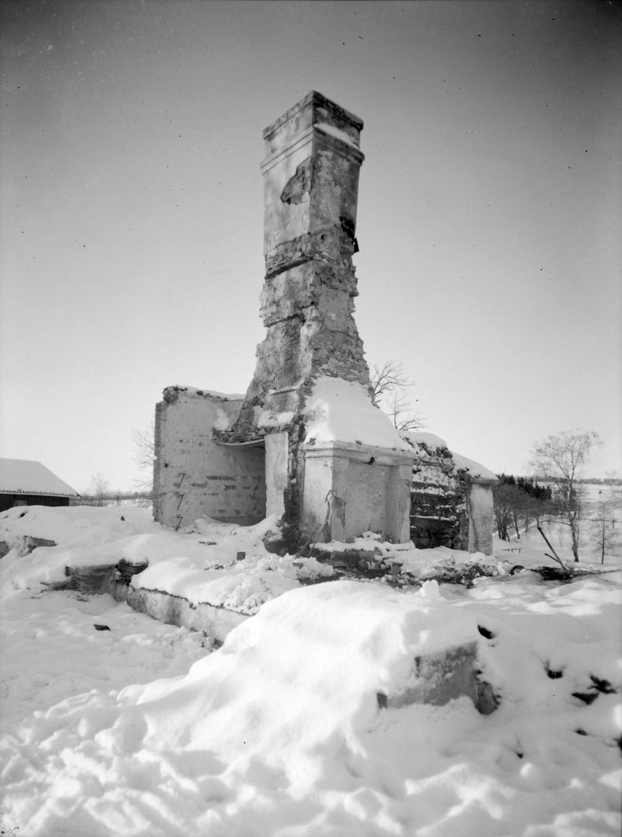 Ringsaker, Helgøya, Hovinsholm, Mann med hund, foto fra branntomta etter hovedbygningen som brant ned til grunnen den 20. desember 1937.