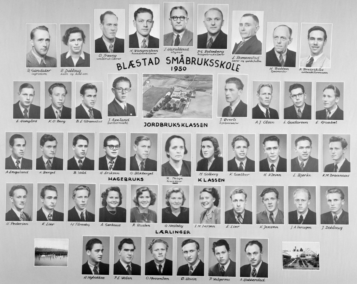 Gr: studenter, lærere, Blæstad småbruksskole 1950, montasje, Vang i Hamar. 

Øverst fv: agronom R. Sandaker, kass. og kontakt ass R. Dobloug, småbrukslærer O. Trøeng, handverkslærer N. Wangensteen, styrer I. Haraldseid, hagebrukslærer P. S. Rotneberg, lærer og gårdsfullm. L. Romenstad, fjøsmester H. Botten, arbeidsformann A. Breivikås. 
2. rekke fv: E. Hangård, K. O. Berg, B. E. Strømstad, gartnermedhjelper J. Apeland, hjelperøkter J. Øverli, A. J. Olsen, L. Gustavsen, E. Kraabøl. 
3. rekke fv: A. Engeland, A. Berget, B. Vold, H. Eriksen, G. Blikberget, husmor R. Teige, M. Solberg, K. Sæther, H. Kleven, L. Bjørke og K. M. Braanaas. 
4. rekke fv: H. Pedersen, K. Lier, H. Tårneby, A. Sørhuus, Å. Rusten, G. Nesteby, I. M. Iversen, E. Lier, K. Jensen, J. A. Feragen, J. Dobloug. 
Siste rekke fv: H. Nybakken, P. E. Wolen, O. Messenlien, Ø. Hovin, P. Valgermo og A. Hobberslad. 