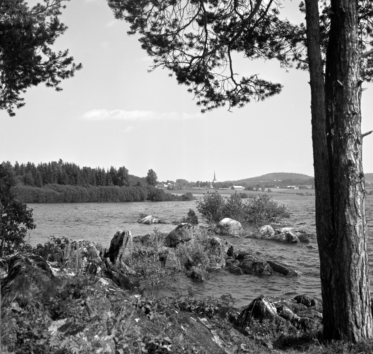Steinsholmen, Mjøskastellet, Ringsaker. Mjøsa. Utsikt mot Ringsaker kirke. Landskap. 