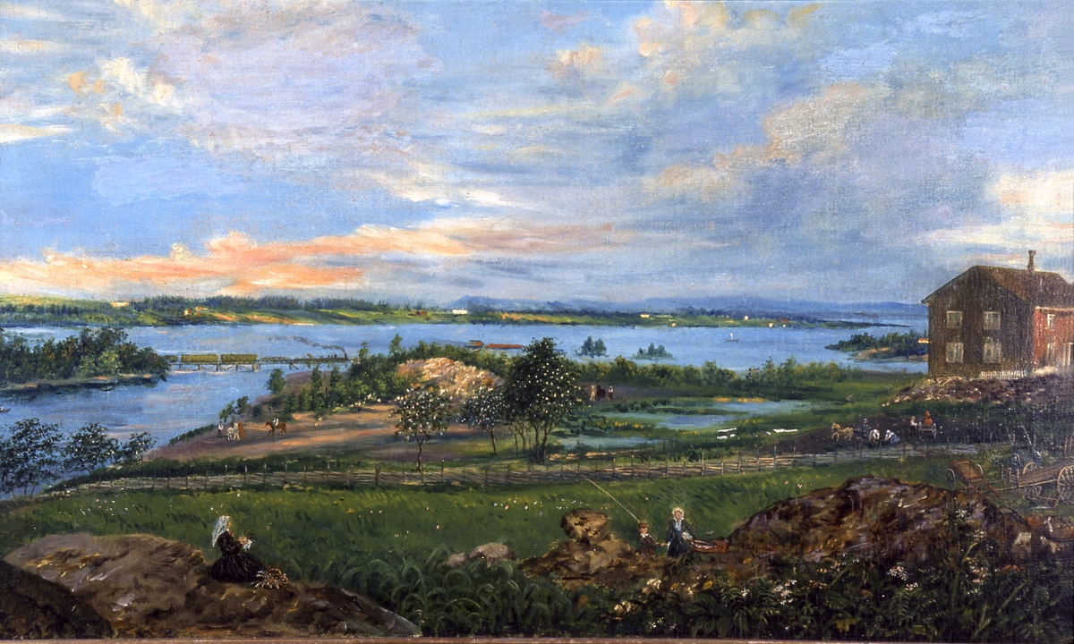Kunst. Maleri av Mathias Stoltenberg. (født 1799, død 1871)
Maleri på lerret. 32. 5 x 53 cm. Fra Diesen mot Vang. Bilde er udatert og usignert. Bilde er malt fra Østre Diesen der Stoltenberg bodde i et hus. (i dag Just Brochsgate 15) Huset er i høyre bilde kant. 