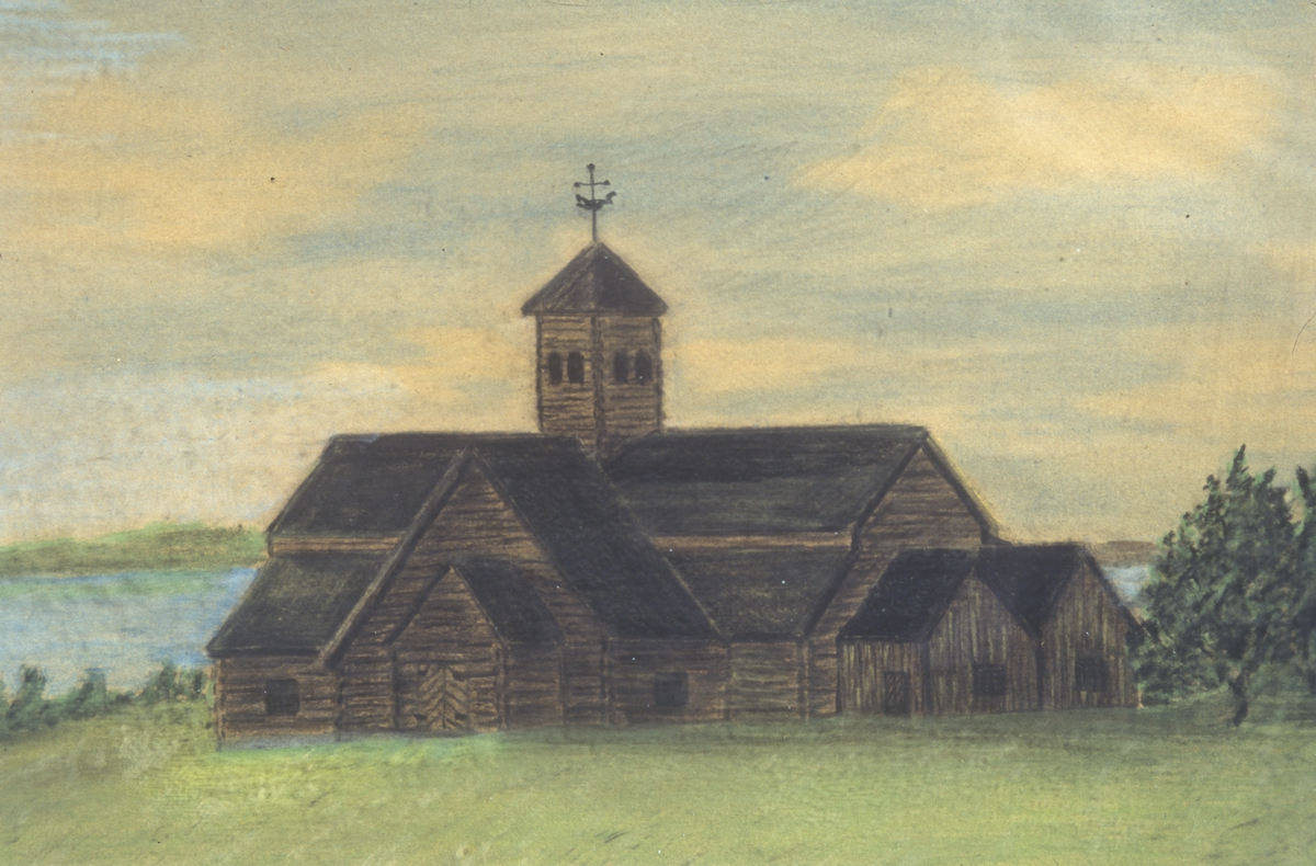 Ringsaker, Nes, Østre Baldishol, Maleri av Baldishol kirke. Den gamle Baldishol kirke, malt av kunstmaler Bjørn Gjøvik, etter ei tegning av Jens G. Evensen Mengshoel fra 1868.