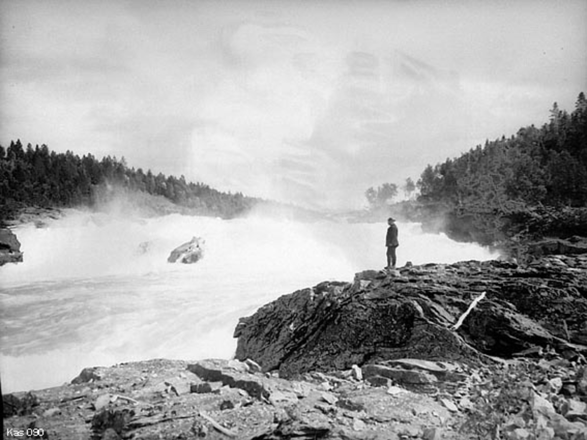 Målselvfossen eller Malangsfossen i Målselv kommune i indre Troms, fotografert i motstrøms retning.  En mann poserte på et bergskjær til høyre i forgrunnen da dette fotografiet ble tatt. Fossen var kvitskummende og stor. I landskapet omkring vokste det barskog. 

Målselvfossen er 600 meter lang, fordelt over tre terskler med et samlet fall på 22 meter.  Målselva er ei god lakseelv, og denne fossen har vært en hindring for laksens vandringer.  Året etter at dette fotografiet ble tatt sto det ferdig ei ny laksetrapp i Målselvfossen.  Dette var en av de største i sitt slag også i en europeisk målestokk.

Fotografiet er antakelig tatt i forbindelse med at Målselv kommune og staten arbeidet med et fisketrapprosjekt, som skulle gjøre det mulig for laksen og vandre opp fossen og gyte i innenforliggende vassdrag, noe man mente ville gi grunnlag for betydelige inntekter fra utleie av fiskerettigheter i dette lokalsamfunnet - se fanen «Opplysninger».