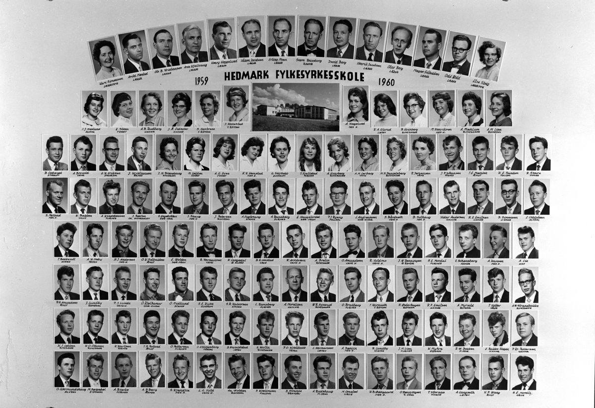 Hamar, Ringgata 161. Hedmark Fylkesyrkesskole, fotomontasje kullet 1959-1960, elever og lærere