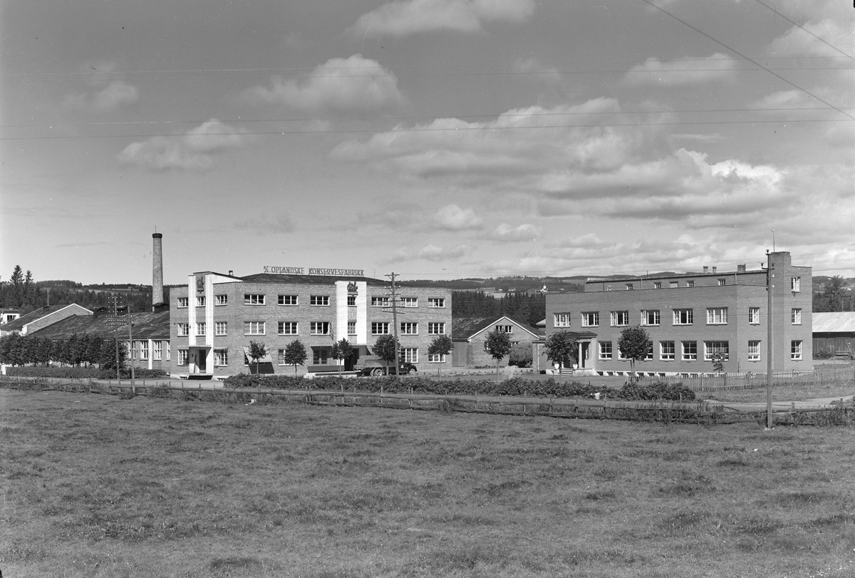Oplandske Konservesfabrikk i Brumunddal, Eksteriør. Fabrikken het senere Nora Fabrikker. T. h.  konservesfabrikken og t. v. administrasjonsbygningen.