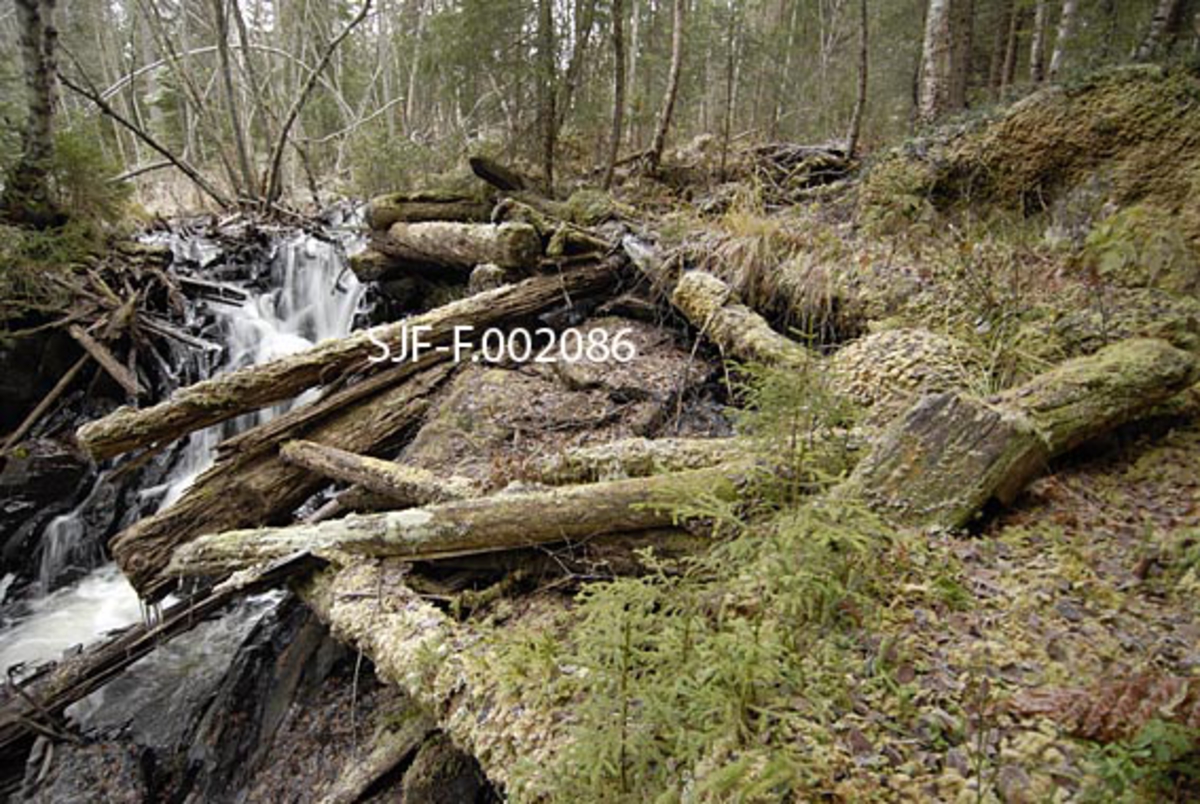 Fra Sagfallet i det lille vassdraget Anda (uttales Ana) på Storsjøens østside i Ytre Rendalen.  Her renner elva bratt nedover gjennom et berglandskap før den 70-80 meter lavere når den nedenforliggende innsjøen like sør for bruket Andråstøa.  Fotografiet er tatt fra den sørvestre sida av vassdraget, mot det stedet der oppgangssaga til Andrå-gardene lå.  Denne sterkt forfallne saga ble høsten 1963 demontert og flyttet til det daværende Norsk Skogbruksmuseum i Elverum.  Bildet viser fallet og en del mosegrodde stokker som allerede i 1963 var så dårlige at de ikke ble tatt med til museet.  Her ser vi rester av den rektangulære tømmerkassa som tjente som fundament for den øvre delen av saghuset (tømmerinntaket) og bakenfor den tømmerfundamentet for den øvre delen av vassrenna (foran og til høyre for det kvitskummende fossevannet).