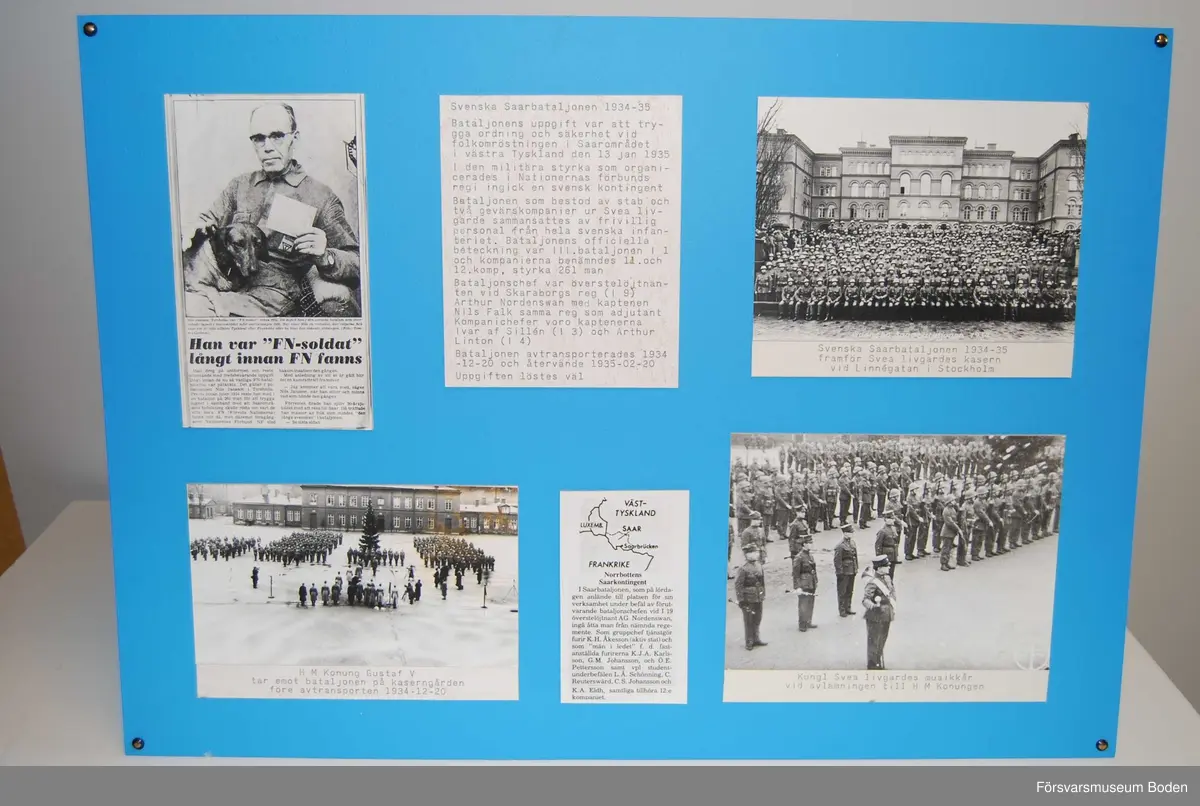 Kollage med fotografier och text om Svenska Saarbataljonen 1934-1935, avsedd för utställning.