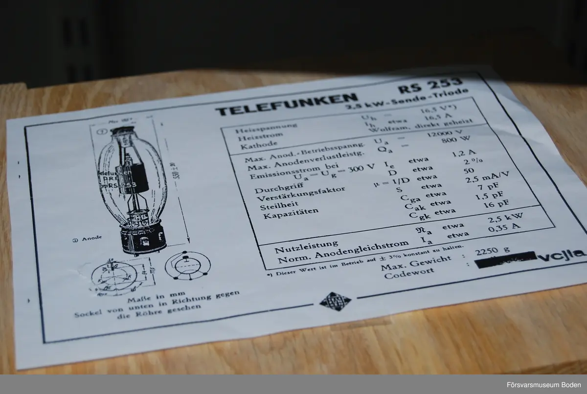 Sändartriod på 2,5 kW av Telefunkens fabrikat. Typen kom 1925.