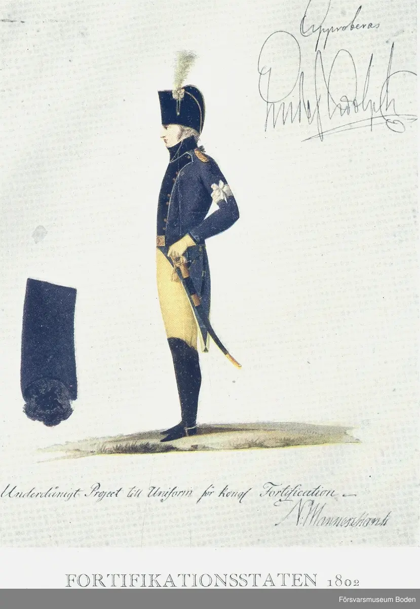 Plansch 23 x 17 cm med glas och upphängningsanordning med kopparskodda hörn. Samma uniform som på plansch FMB.002686, men sedd från sidan.