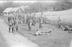 Patrullfälttävlan till häst 1934, mål för terränglöpningen. Livskvadronpatrull med löjtnant Sven von Essen med hunden Grace m.fl.