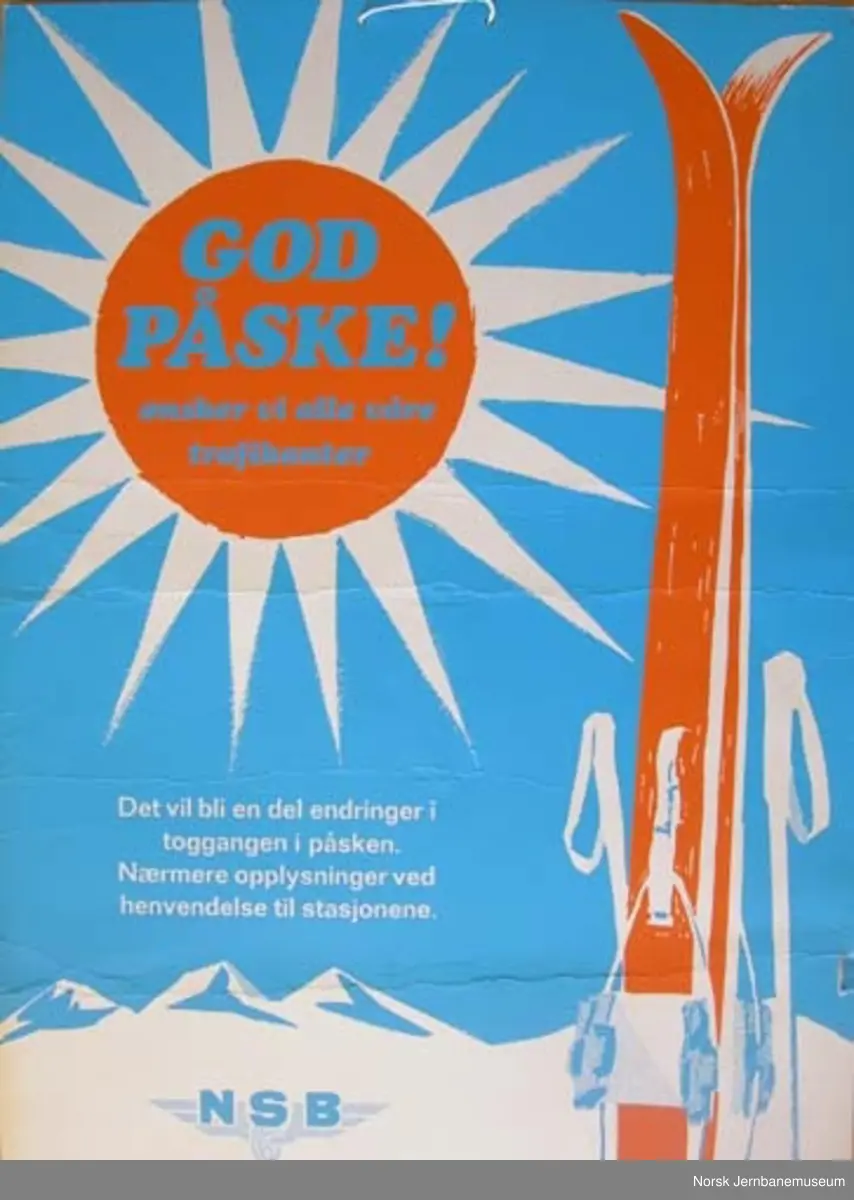 Påskeplakat fra NSB: "God påske! ønsker vi alle våre trafikanter"