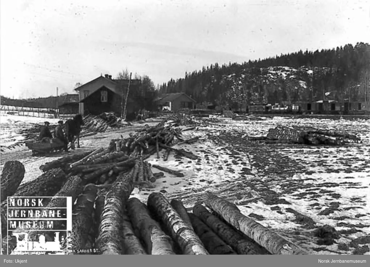 Vedlager på Såner stasjon med godsvogner på stasjonen