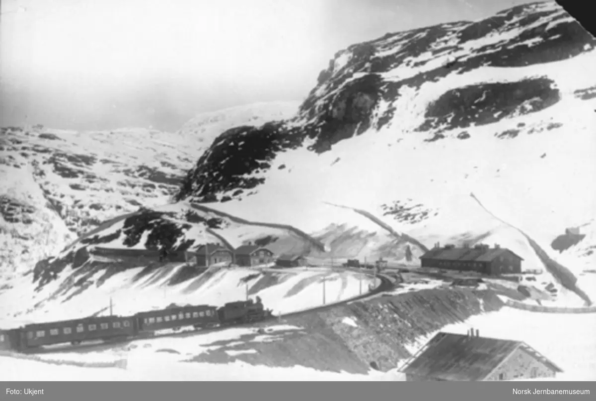 Myrdal stasjon, oversiktsbilde med ankommende tog fra Bergen