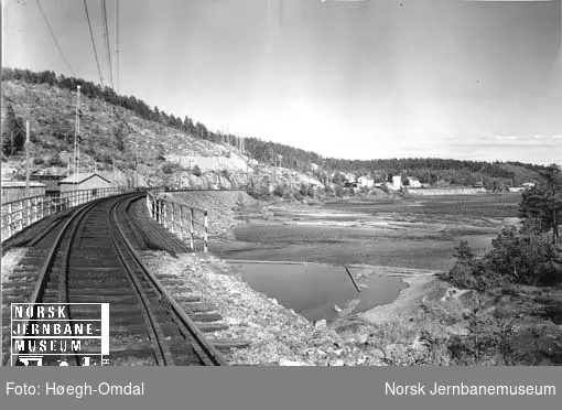 Oversiktsbilde med Nelaug stasjon i bakgrunnen og bru over Nidelva i forgrunnen